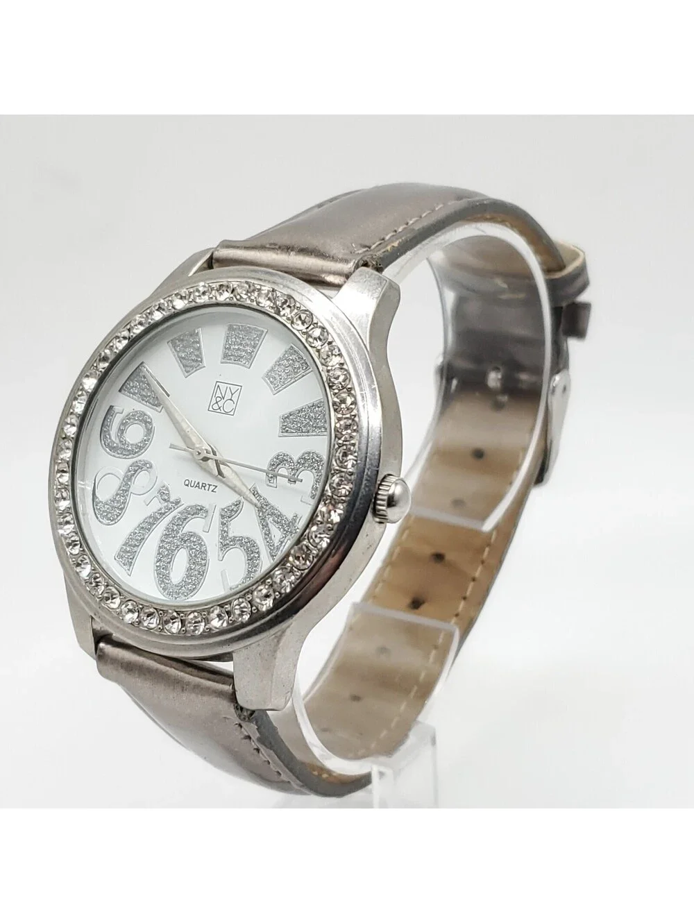 NY&C Quartz Watch Womens 40mm Silver Tone Rhinestone Bezel New Battery